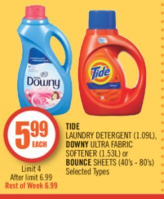 Shoppers Drug Mart Tide laundry detergent (1.09l), downy ultra fabric softener (1.53l) or bounce sheets (40's - 80's) offer
