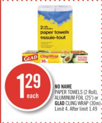 Shoppers Drug Mart No name paper towels (2 roll), aluminum foil (25') or glad cling wrap (30m) offer