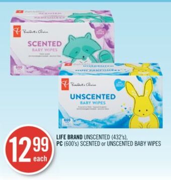 Shoppers Drug Mart Life brand unscented (432's), pc (600's) scented or unscented baby wipes offer