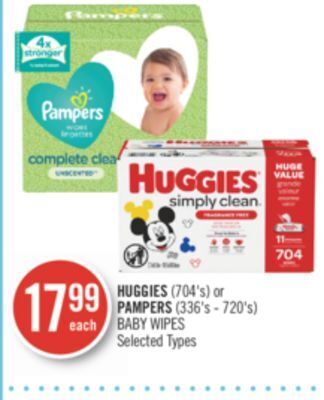 Shoppers Drug Mart Huggies (704's) or pampers (336's - 720's) baby wipes offer