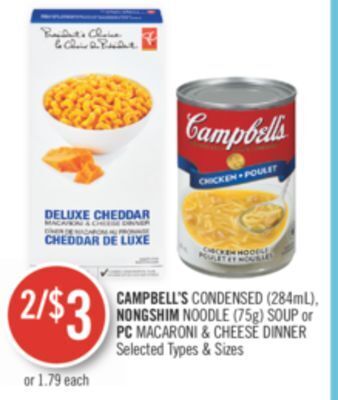 Shoppers Drug Mart Campbell's condensed (284ml), nongshim noodle (75g) soup or pc macaroni & cheese dinner offer