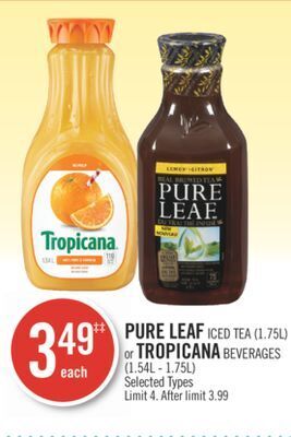 Shoppers Drug Mart Pure leaf iced tea (1.75l) or tropicana beverages (1.54l - 1.75l) offer