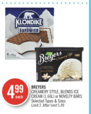 Shoppers Drug Mart Breyers creamery style, blends ice cream (1.66l) or novelty bars offer
