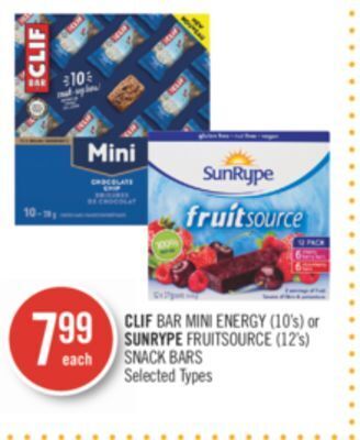 Shoppers Drug Mart Clif bar mini energy (10's) or sunrype fruitsource (12's) snack bars offer