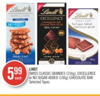 Shoppers Drug Mart Lindt swiss classic grandes (150g), excellence or no sugar added (100g) chocolate bar offer