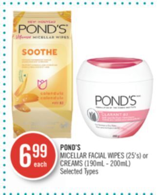 Shoppers Drug Mart Pond's micellar facial wipes (25's) or creams (190ml - 200ml) offer