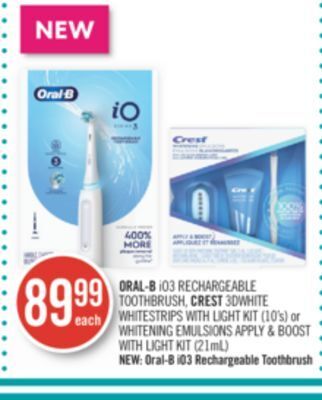Shoppers Drug Mart Oral-b io3 rechargeable toothbrush, crest 3dwhite whitestrips with light kit (10's) or whitening emulsions apply & boost with offer