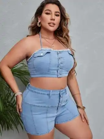 SheIn Plus raw cut halter denim top & button fly shorts offer