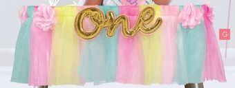 Party City 1st birthday high chair decorating kit featuring "one" banner, blue offer