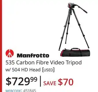 Vistek Manfrotto 535 carbon fibre video tripod w/ 504 hd head offer