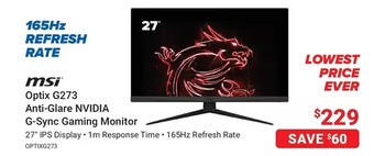 Visions Electronics Msi 27" optix g273 anti-glare nvidia g-sync gaming monitor offer