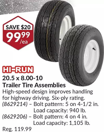 Princess Auto Hi-run 20.5 x 8.00-10 trailer tire assemblies offer