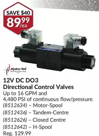 Princess Auto Hydro-tek 12v dc do3 directional control valves offer