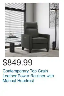 Costco Contemporary top grain leather power recliner with manual headrest offer