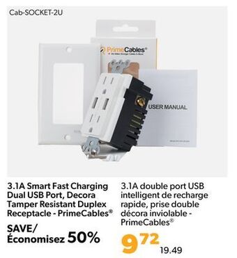 Shopper+ 3.1a smart fast charging dual usb port, decora tamper resistant duplex receptacle - primecables offer