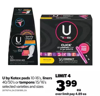 Real Canadian Superstore U by kotex pads, liners or tampons offer