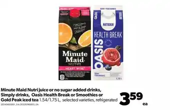 Real Canadian Superstore Minute maid nutri juice or no sugar added drinks, simply drinks, oasis health break or smoothies or gold peak iced tea offer