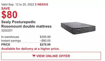 Costco Sealy posturepedic rosemount double mattress offer