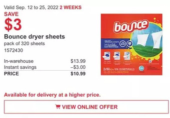 Costco Bounce dryer sheets offer