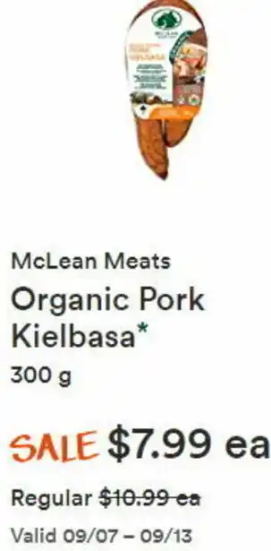 Whole Foods Market McLean Meats Organic Pork Kielbasa 300 g offer