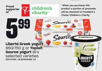 Independent Grocer Liberté greek yogurt, 650/750 g or yoplait source yogurt, 16's offer