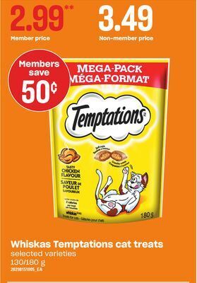 Loblaws Whiskas temptations cat treats, 130/180 g offer