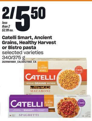 Loblaws Catelli smart, ancient grains, healthy harvest or bistro pasta, 340/375 g offer