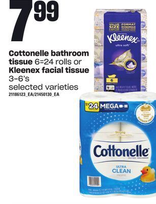 Loblaws Cottonelle bathroom tissue, 6=24 rolls or kleenex facial tissue, 3-6's offer