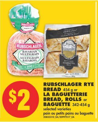 No Frills Rubschlager rye bread, 454 g or la baguetterie bread, rolls or baguette, 342-454 g offer