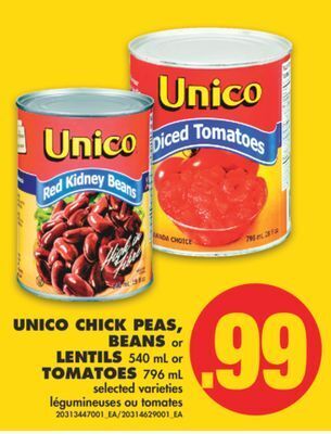 No Frills Unico chick peas, beans or lentils, 540 ml or tomatoes, 796 ml offer