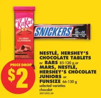 No Frills Nestlé, hershey's chocolate tablets or bars, 85-120 g or mars, nestlé, hershey's chocolate juniors or funsize, 66-130 g offer