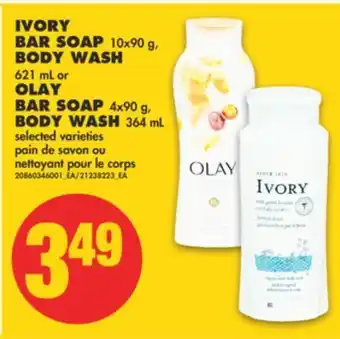 No Frills Ivory bar soap, 10x90 g, body wash, 621 ml or olay bar soap, 4x90 g, body wash, 364 ml offer