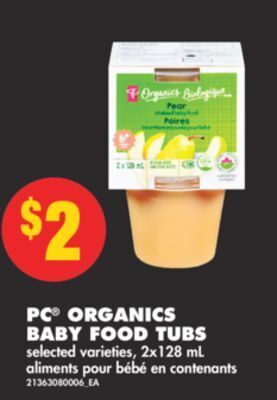No Frills Pc® organics baby food tubs, 2x128 ml offer