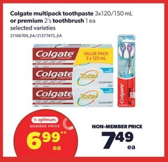 Real Canadian Superstore Colgate multipack toothpaste, 3x120/150 ml or premium, 2's toothbrush, 1 ea offer