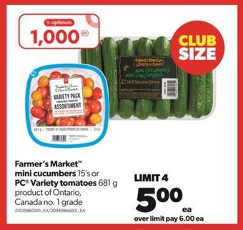 Real Canadian Superstore Farmer's market™ mini cucumbers 15's or pc® variety tomatoes 681 g offer