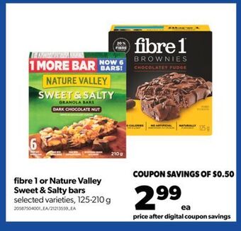 Real Canadian Superstore Fibre 1 or nature valley sweet & salty bars, 125-210 g offer