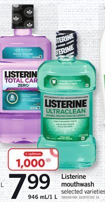 Fortinos Listerine mouthwash, 946 ml/1 l offer