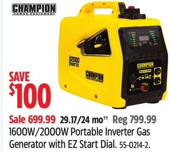 Canadian Tire Champion 1600w/2000w portable inverter gas generator with ez start dial offer