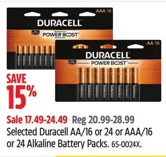 Canadian Tire Selected duracell aa/16 or 24 or aaa/16 or 24 alkaline battery packs offer