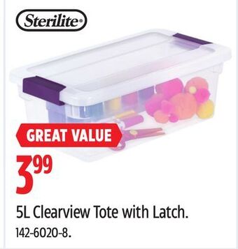 Canadian Tire Sterilite 5l clearview tote with latch offer