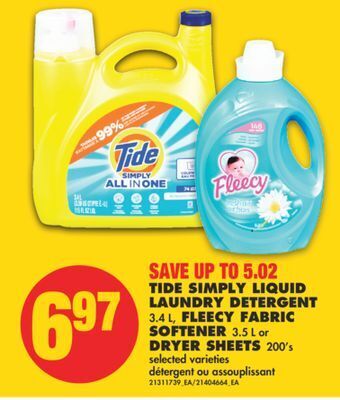 No Frills Tide simply liquid laundry detergent, 3.4 l, fleecy fabric softener, 3.5 l or dryer sheets 200's offer