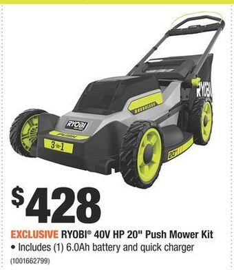 Home Depot Ryobi® 40v hp 20" push mower kit offer