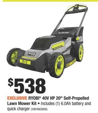 Home Depot Ryobi® 40v hp 20" self-propelled lawn mower kit offer