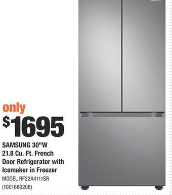 Home Depot Samsung 30"w 21.8 cu. ft. french door refrigerator with icemaker in freezer offer