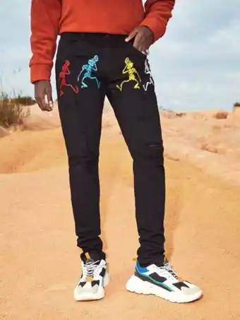 SheIn Men skeleton print ripped frayed cat scratch skinny jeans offer