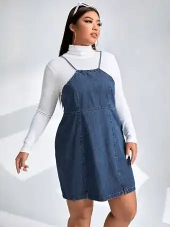 SheIn Plus 1pc tie back split hem cami denim dress offer
