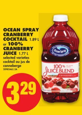 No Frills Ocean spray cranberry cocktail, 1.89 l or 100% cranberry juice, 1.77 l offer