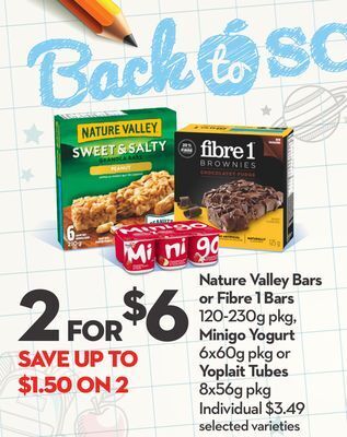 Longo's Nature valley bars or fibre 1 bars 120-230g pkg, minigo yogurt 6x60g pkg or yoplait tubes 8x56g pkg offer
