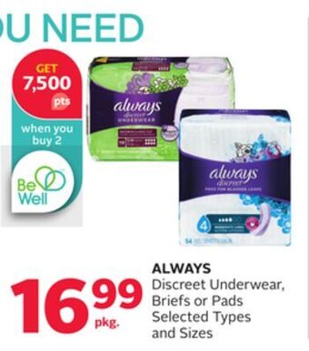 Rexall Always discreet underwear, briefs or pads offer