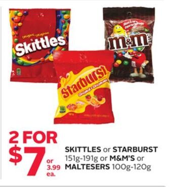 Rexall Skittles or starburst 151g-191g or m&m's or maltesers 100g-120g offer